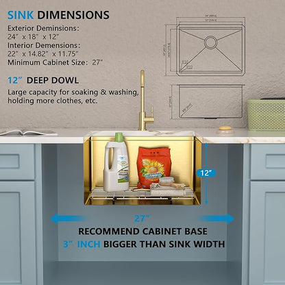 24"x18" Undermount Laundry Utility Sink Workstation – Brushed Gold NANO-PVD, 16 Gauge 304 Stainless Steel, 12 Inch Deep Single Bowl Basin for Laundry Room, RV or Utility Use
