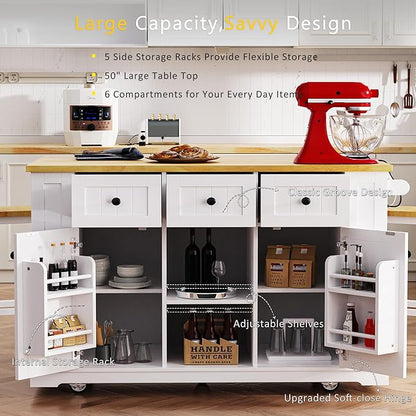 LUMISOL 53” Large Kitchen Island with Drop Leaf and Power Outlet, Rolling Kitchen Cart with Wheels, Door Internal Storage Rack and 5 Open Side Racks, Not Included Stools, White