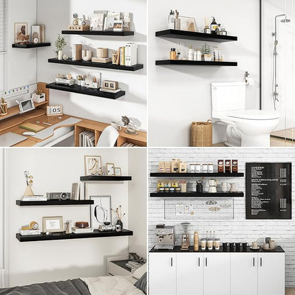 RICHFOCUS 40Inch Floating Shelves for Wall 2 Pack Shelves for Bedroom|Kitchen|Bathroom Wall Mounted Rustic Wood Floating Shelf with Invisible Brackets for Books|Storage|Decor, Black