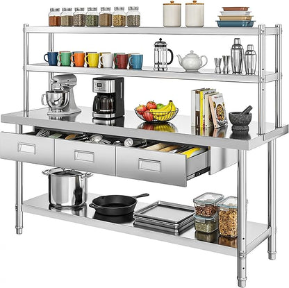 DWVO 72x24in Stainless Steel Table, NSF Metal Prep Worktable with Adjustable Overshelf & 3 Drawers for Kitchen Restaurant Hotel Garage Warehouse Home