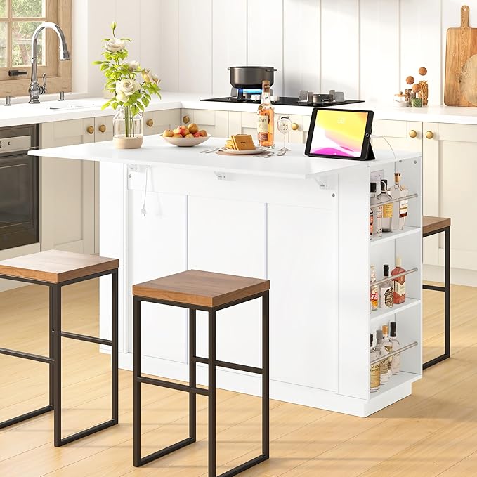 47.2" Kitchen Island with Drop Leaf & Power Outlet, Wine Bar with Bottle Rack & Glass Holder, 2-Door Buffet Sideboard with Side Shelves for Dining Room (White-85R)