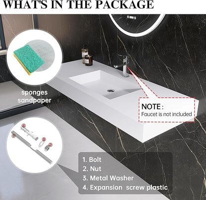 47" Wall Mount Sink Matte Bathroom Vanity Vessel Sinks Artificial Stone Rectanglee Indoor Outdoors Modern Floating or Countertop Freestanding Wall Hang Sink Bowl… (single Holes 47'')…