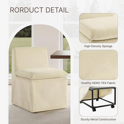 KISLOT Upholstered Dining Chairs Set of 2 with Casters, Modern Armless Kitchen Chairs with Removable Washable Cover, Chenille Velvet Fabric, Sturdy Metal & Wood Frame, 19.5" Seat Height, Sand
