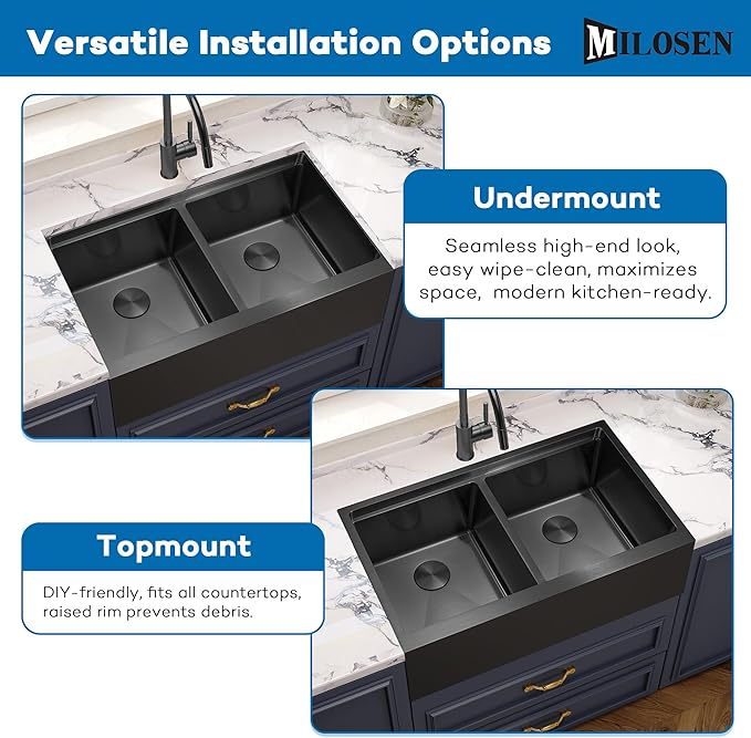 MILOSEN 30 Inch Black Farmhouse Kitchen Sink, 30''x22'' Drop in Black Stainless Steel Workstation Apron Front Sink with Ledge & Accessories, Double Bowl Farm Sinks, 10'' Large and Deep Handmade Sinks