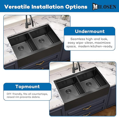 MILOSEN 30 Inch Black Farmhouse Kitchen Sink, 30''x22'' Drop in Black Stainless Steel Workstation Apron Front Sink with Ledge & Accessories, Double Bowl Farm Sinks, 10'' Large and Deep Handmade Sinks