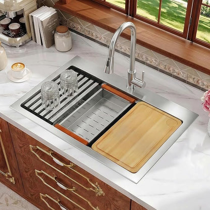 Rhbamoa Drop In Kitchen Sink 31 Inch,16 Gauge T304 Stainless Steel Drop In Kitchen Sinks,Single Bowl Workstation Sink,10 Inch Deep Topmount Sinks with All Accessories