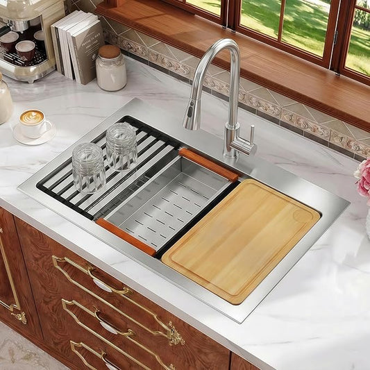 Rhbamoa Drop In Kitchen Sink 31 Inch,16 Gauge T304 Stainless Steel Drop In Kitchen Sinks,Single Bowl Workstation Sink,10 Inch Deep Topmount Sinks with All Accessories