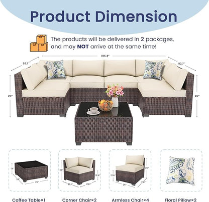 Outdoor Patio Furniture Set with 43'' Fire Pit Table, 8 Pcs Outdoor Patio Furniture Conversation Sets with 4in Thicken Cushion, Wicker Outdoor Sectional for Backyard, Garden, Balcony,Deck, Brown/Beige