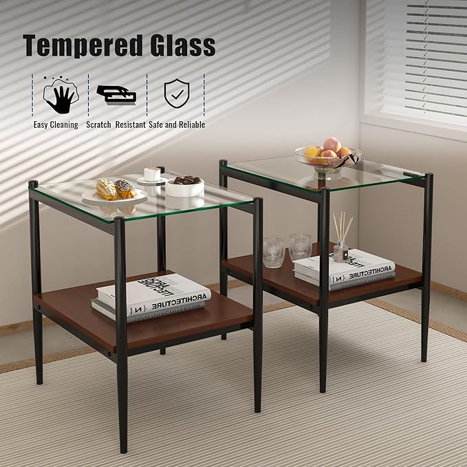 Set of 2 Glass End Table, 2-Layer Glass Living Room Table, Modern Tea Table Side Tables for Home Office Furniture