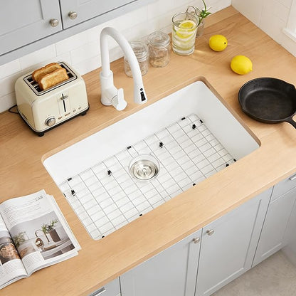 MILOSEN White Undermount Kitchen Sink, 28×18 inch White Granite Composite Kitchen Sinks, 9'' Depth Deep and Large Quartz Sink with Accessories, Pure White Single Bowl Large Capacity Basin for Kitchen
