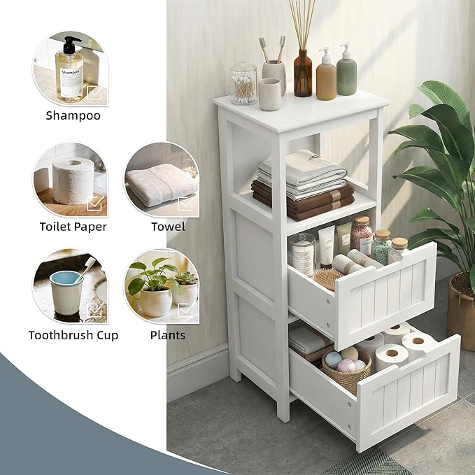 Casaphoria 2-Drawer Bathroom Floor Cabinet, Wooden Storage Organizer with Side Rack, Freestanding Stand Table for Bathroom, Hallway, White