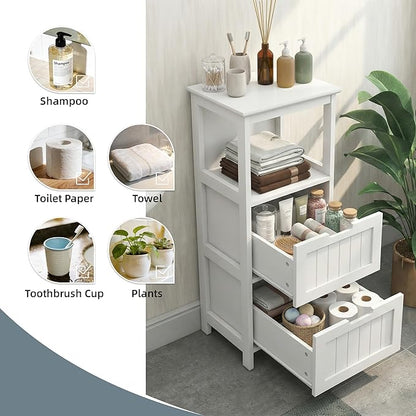 Casaphoria 2-Drawer Bathroom Floor Cabinet, Wooden Storage Organizer with Side Rack, Freestanding Stand Table for Bathroom, Hallway, White