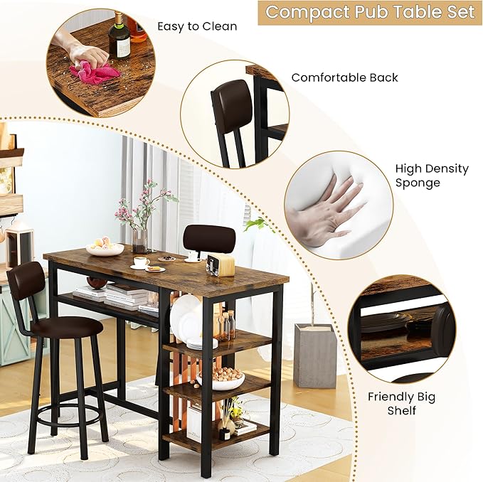 Recaceik 47" Bar Dining Table Set for 2, 3 Piece Bar Table and Chairs Set, Kitchen Counter Height Dining Table Set, Small Kitchen Bar Table with Storage & 2 Stools, Breakfast Nook Set for Small Space