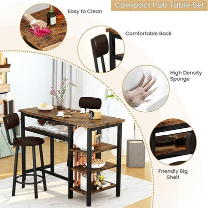 Recaceik 47" Bar Dining Table Set for 2, 3 Piece Bar Table and Chairs Set, Kitchen Counter Height Dining Table Set, Small Kitchen Bar Table with Storage & 2 Stools, Breakfast Nook Set for Small Space