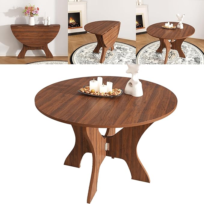 GDFStudio 43" Folding Dining Table for Small Spaces, Round Wood Kitchen Table with Walnut Veneer, Space-Saving Foldable Table for Indoor & Outdoor Use, French Country & Beach Style