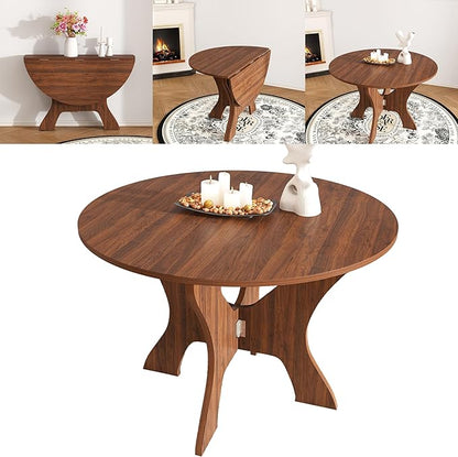 GDFStudio 43" Folding Dining Table for Small Spaces, Round Wood Kitchen Table with Walnut Veneer, Space-Saving Foldable Table for Indoor & Outdoor Use, French Country & Beach Style