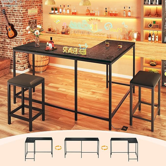 HUAHUU L Shaped Bar Table with Stools, 63‘’ Bar Height Table with Power Outlets, Convertible Corner Counter Height Bar Table with 2 Stools, Rectangular High Top Table for Small Spaces, Breakfast Nook