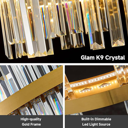 Gold Led Modern Crystal Chandelier: 52" Rectangle Linear 3 Color Dimmable Large Chandelier for Dining Room Over Table - Luxury Rectangular Contemporary Oval Light Fixture for Living Room Bedroom Foyer