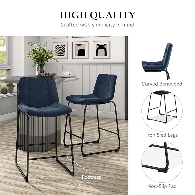 Furniture of America Veradis Modern Bentwood Counter Height Dining Chairs Set of 2, Chenille Fabric Bar Stool with Back and Metal Frame, Upholstered Seating for Kitchen, Living Room, Blue, 35 inch