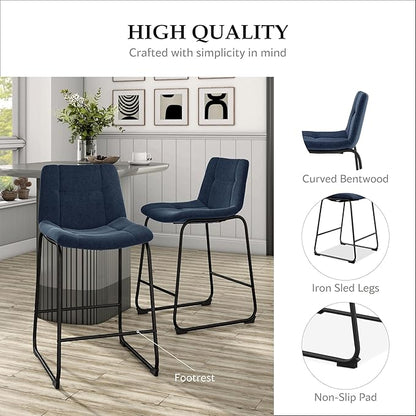 Furniture of America Veradis Modern Bentwood Counter Height Dining Chairs Set of 2, Chenille Fabric Bar Stool with Back and Metal Frame, Upholstered Seating for Kitchen, Living Room, Blue, 35 inch
