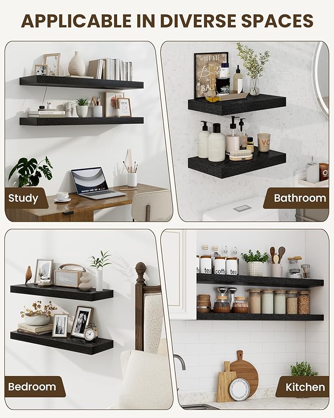 Marsmiles 40" Floating Shelves for Wall, Wooden Shelves with Invisible Brackets Set of 2, Rustic Farmhouse Wall Mounted Shelf for Kitchen Bathroom Living Room Study, Black