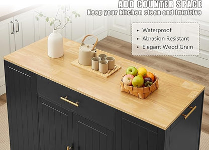 GOWE 53'' Kitchen Storage Islands with Drawers and Trash Can Storage for Kitchen & Dining. Modern Farmhouse Design, Black, 53.2" W x 20.9" D x 38.0" H.