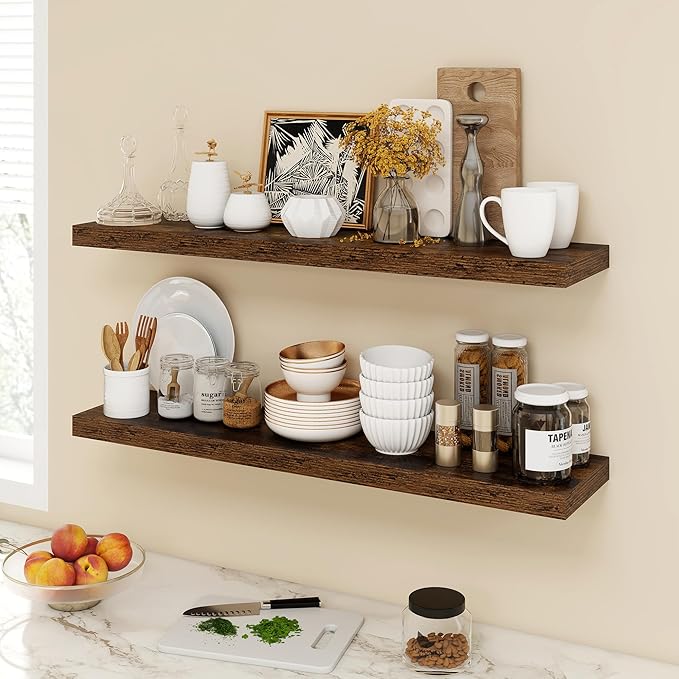 Acovy 40 Inch Floating Shelves, 9.3" Deep Floating Shelf Wall Mounted, 40" Wall Shelves, Rustic Deep Bookshelf, Large Display Shelves & Storage Shelves for Bedroom, Living Room, Brown, Set of 2