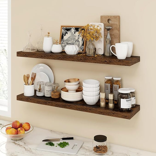 Acovy 40 Inch Floating Shelves, 9.3" Deep Floating Shelf Wall Mounted, 40" Wall Shelves, Rustic Deep Bookshelf, Large Display Shelves & Storage Shelves for Bedroom, Living Room, Brown, Set of 2