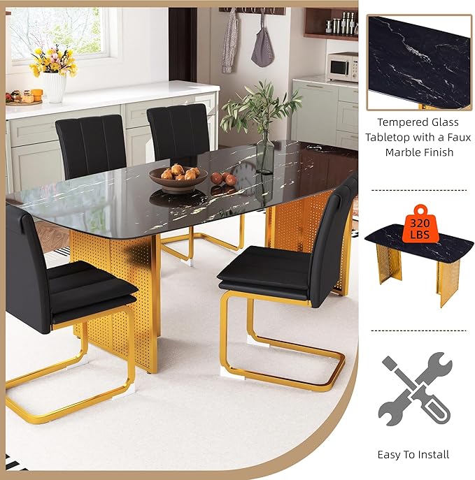 51" Black Marble Dining Table, 4-6 Person Modern Kitchen Dining Room Tables with Marble Pattern Tempered Glass Top and Golden Hollow-Out Metal Base, Space Saving Rectangle Dinner Table for Home