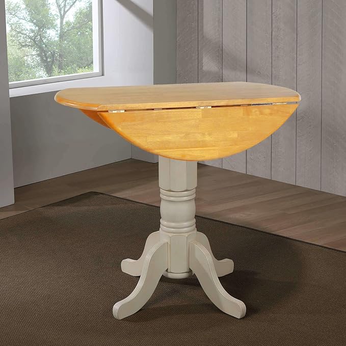 Sunset Trading Oakley Selections 42" Round Extendable Drop Leaf Counter Height Pub Table | Antique White/Light Oak Solid Wood | Seats 4 | Dining Room Kitchen Furniture