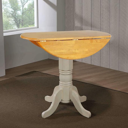 Sunset Trading Oakley Selections 42" Round Extendable Drop Leaf Counter Height Pub Table | Antique White/Light Oak Solid Wood | Seats 4 | Dining Room Kitchen Furniture