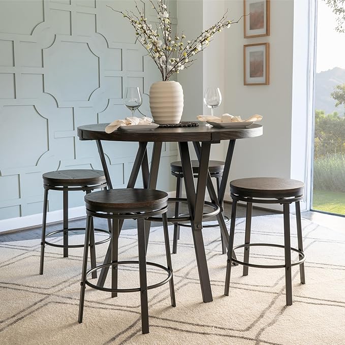 Powell Mikka Black and Brown Five Piece Round Counter Height Dining Pub Set with Swivel Seats