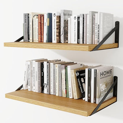 Deep Wall Shelves 24"W x 12"D Engineered Wood Floating Shelves for Wall, Sturdy Metal Bracket Bookshelves Home Decor Storage for Living Room Bedroom Bathroom Kitchen, Set of 2, Oak Finish