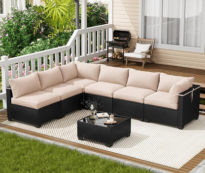 LOUVIXA 7 Piece Outdoor Patio Furniture Set, Outdoor Sectional Sofa, Wicker Rattan Patio Furniture, Patio Conversation Set with Coffee Table & Cushions