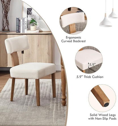 Mid Century Modern Dining Chairs, Upholstered Linen Fabric Chairs with Curved Backrest and Wood Legs, Comfy Kitchen Vanity Chair for Dining Room/Living Room/Kitchen, Set of 4 Beige