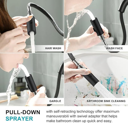 KENES Black and Gold Centerset Bathroom Faucet with Pull Out Sprayer, 4 Inch 2 Handle Pull Down Bathroom Sink Faucet 3 Hole, Bathroom Vanity Faucet with Pop Up Drain & Supply Lines LJ-9069-BG