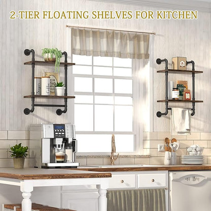 Helsin Industrial Pipe Floating Bathroom Shelves Wall Mounted with Towel bar, 2 Tier Rustic Wood Wall Shelf, 16inch Metal Towel Rack Storage Bookshelf for Bathroom, Kitchen, Farmhouse, Living Room | with Towel bar, Wall Shelf, Towel Rack, Storage Books...