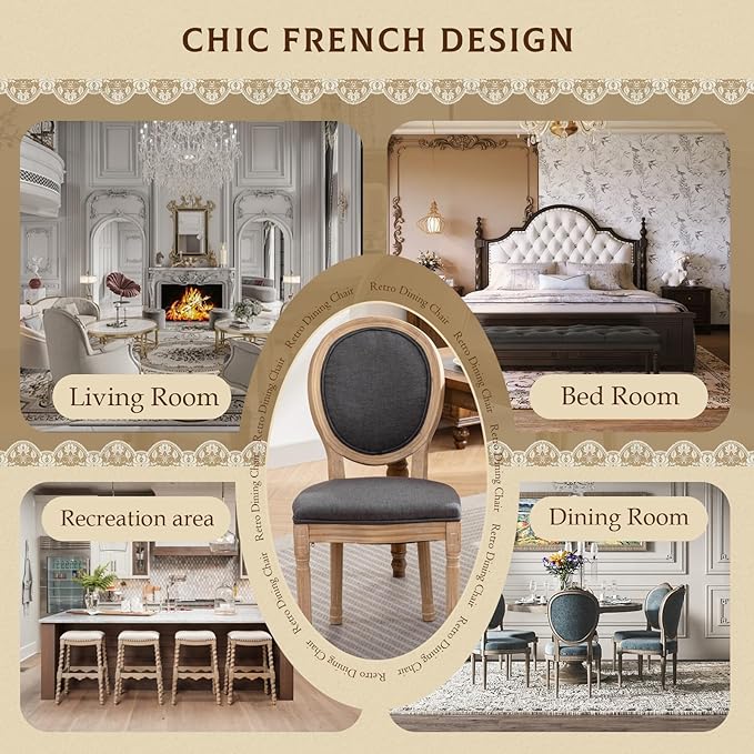 SoarFlash French Dining Chairs Set of 4, Vantage Linen Dining Chair with Round Back, Farmhouse Country Dining Chair for Living Room,Kitchen,Restaurant,Deep Grey