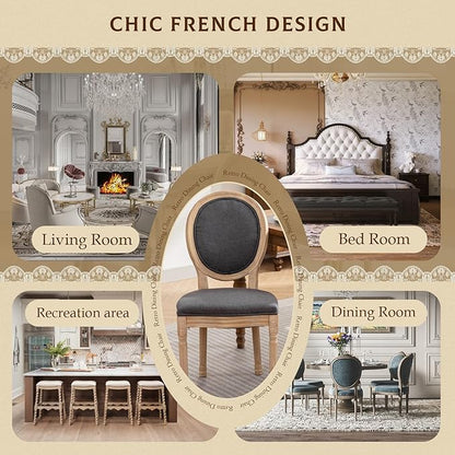 SoarFlash French Dining Chairs Set of 4, Vantage Linen Dining Chair with Round Back, Farmhouse Country Dining Chair for Living Room,Kitchen,Restaurant,Deep Grey