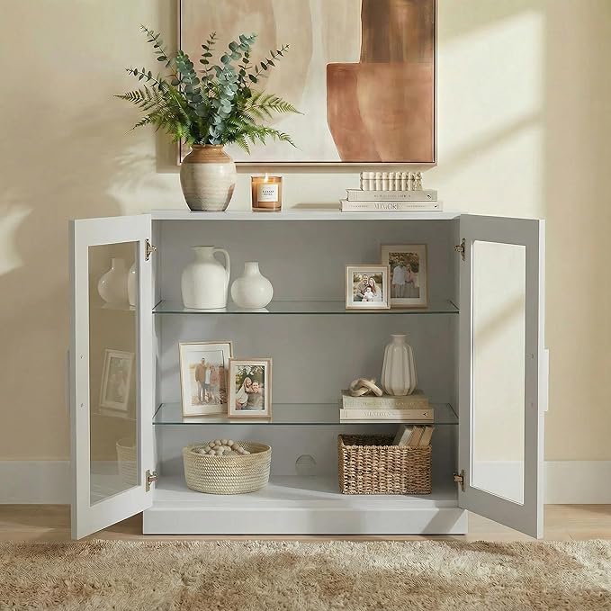 Casaphoria Adam Sideboard Buffet Cabinet with Storage, Display Cabinet with Glass Doors & Adjustable Shelves, 31" W x 31" H Buffet Cabinet for Entryway Kitchen Living Room, White