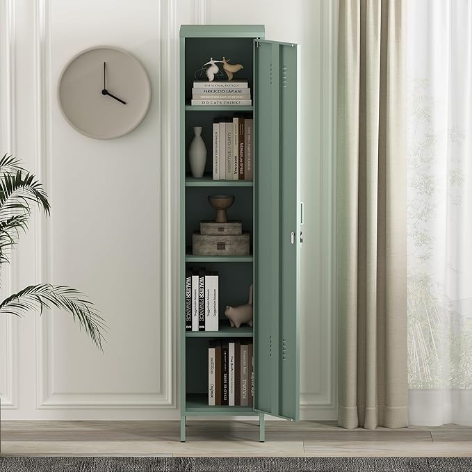 Manhattan Comfort Naomi 72.8'' Tall Storage Cabinet, Single Metal Locker with Lock, Adjustable Shelves, Vented Door & Floor Protectors, Modern Garage & Office Organizer, Green