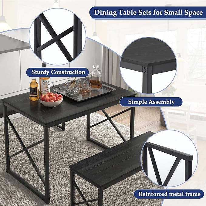 VECELO Kitchen Dining Table Benches Set for 4, 43.3" Wooden Dinette with 2 Benches, Heavy-Duty Dining Room Table for Small Space, Breakfast Nook, Black