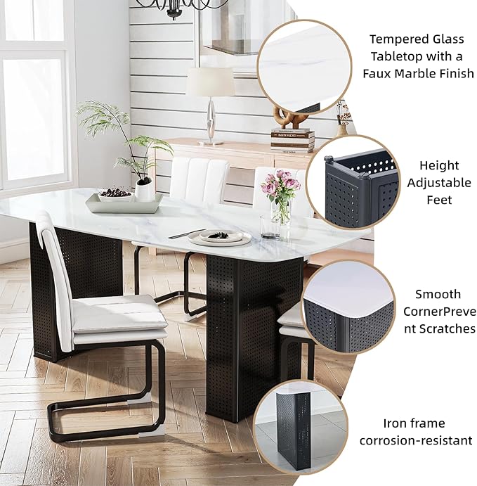 Heavy Duty Glass Dining Table, Rectangular Marble Pattern Surface, Elegant Black Dual-Pedestal Base, Adjustable Brackets for Stability, 6-8 Seater, Modern Luxury Centerpiece for Home Dining or Work