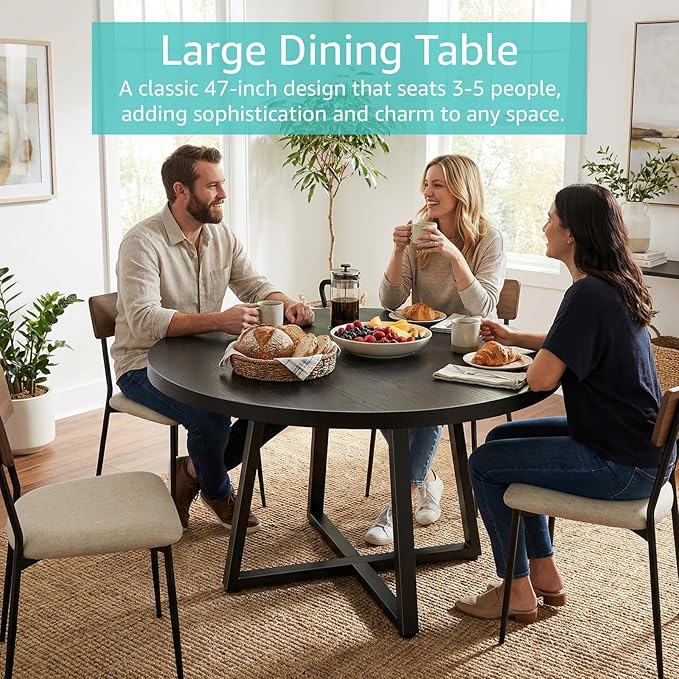 NUTIKAS 47 Inch Round Dining Table for 4, Modern Black Wood Grain Kitchen Table with Cross Metal Legs, Circular Industrial Dinner Table for Small Spaces, Breakfast Nook, Apartment, Office