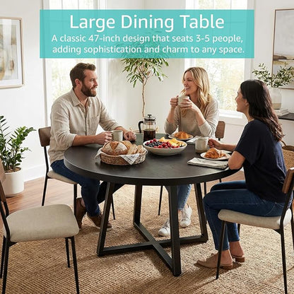 NUTIKAS 47 Inch Round Dining Table for 4, Modern Black Wood Grain Kitchen Table with Cross Metal Legs, Circular Industrial Dinner Table for Small Spaces, Breakfast Nook, Apartment, Office
