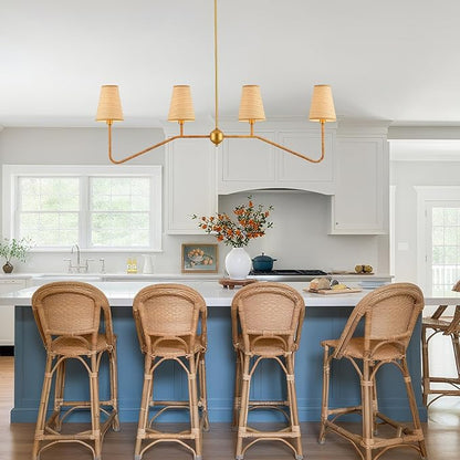 VILUXY 4-Light Linear Kitchen Island Lighting Fixture 47’’ Dining Room Chandelier with Hand Woven Rattan Shade Linear Pendant Light Fixture Gold, UL Listed