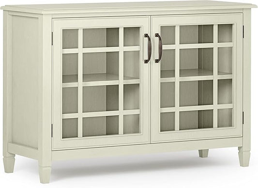 SIMPLIHOME Connaught Solid Wood 46 Inch Wide Traditional Low Storage Cabinet in Antique White, for the Living Room, Entryway and Family Room