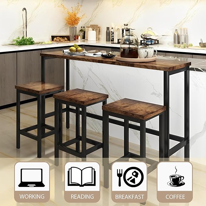 Merax 4-Piece Counter Height Extra Long Dining Table Set with 3 Stools and Side Table with Footrest Pub Kitchen Set (Brown)