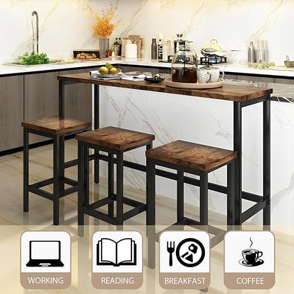 Merax 4-Piece Counter Height Extra Long Dining Table Set with 3 Stools and Side Table with Footrest Pub Kitchen Set (Brown)