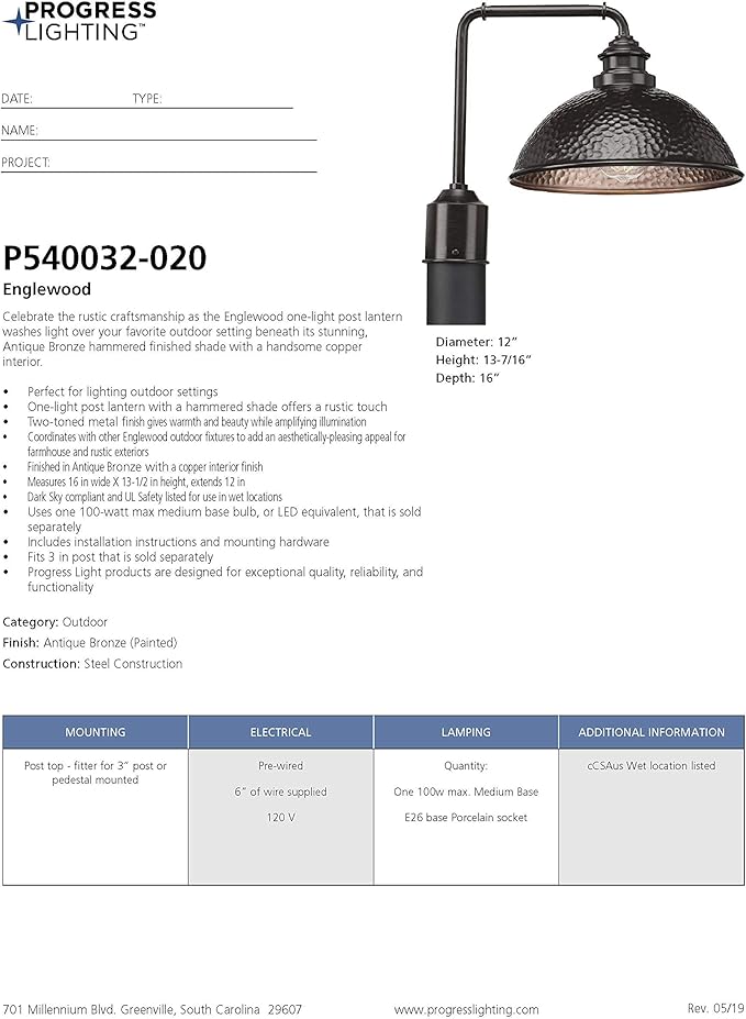 Progress Lighting Englewood Collection 1-Light Farmhouse Outdoor Post Lantern Light Antique Bronze, 13-7/16" x 16" x 12"